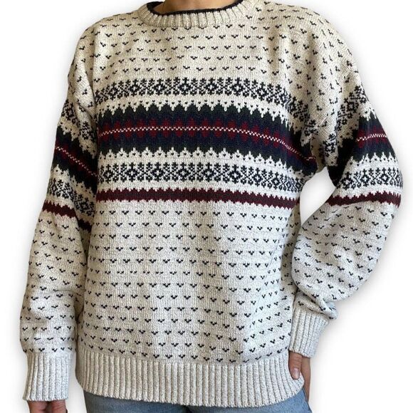Vintage 90s Unisex Fair Isle Geometric Cotton Retro Ski Grandpa Sweater Sz L - Picture 1 of 7